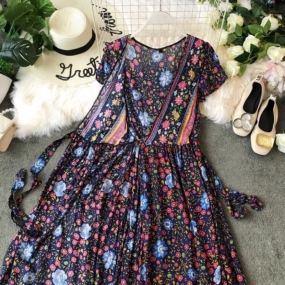 Boho Gypsy Navy Floral Print wrap midi Dress - Picture 6 of 7
